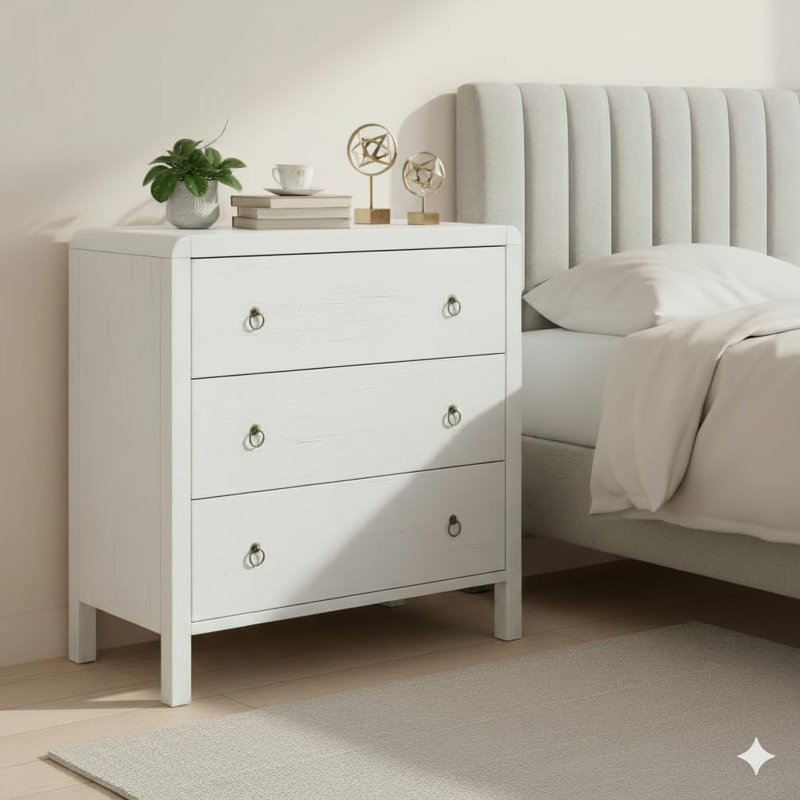 Commode 3 tiroirs avec poignées, commode multifonctionnelle pour chambre à coucher, salon, bureau et vestibule, Blanc