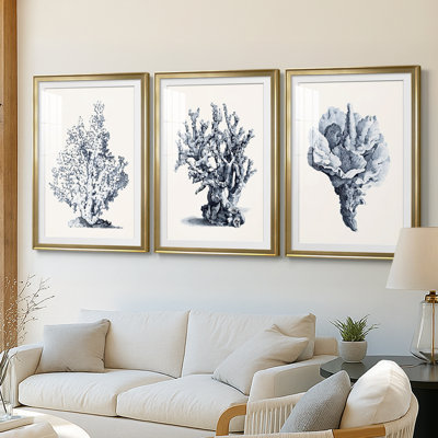 Bleu antique corail I - reproduction encadrée sur mesure de qualité supérieure mate - 3 pièces