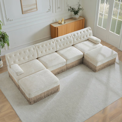 4-Seater With 2 Ottomans Cloud Modular Sectional,Tassel Skirt,Button Tufted Design,High-Density High Resilience Foam,Ergonomic Design,Premium Wooden B