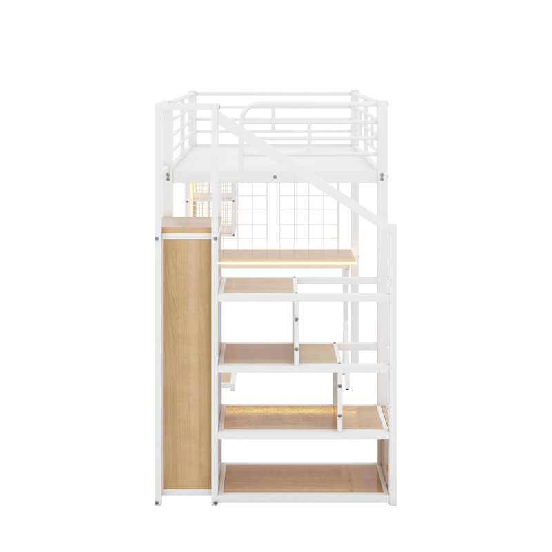 Lit mezzanine simple en métal avec poste de travail, garde-robe, escalier de rangement et DEL