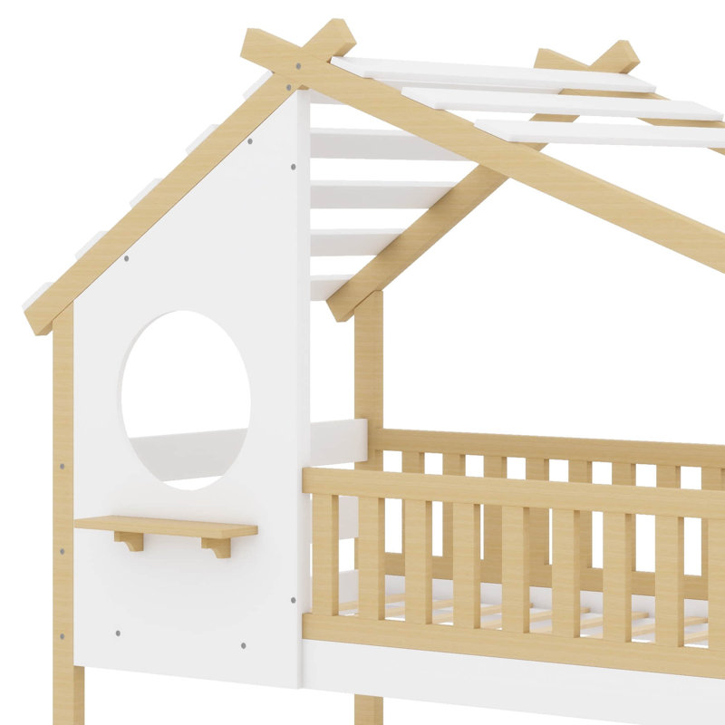 Charmant lit superposé simple au-dessus d'un lit simple, structure en forme de maison avec rangements et garde-corps de protection
