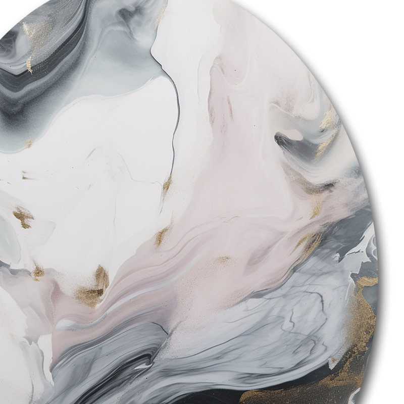Marbre blanc et gris captivant I - art abstrait rond en marbre sur métal, H 23 po x l 23 po x P 1 po