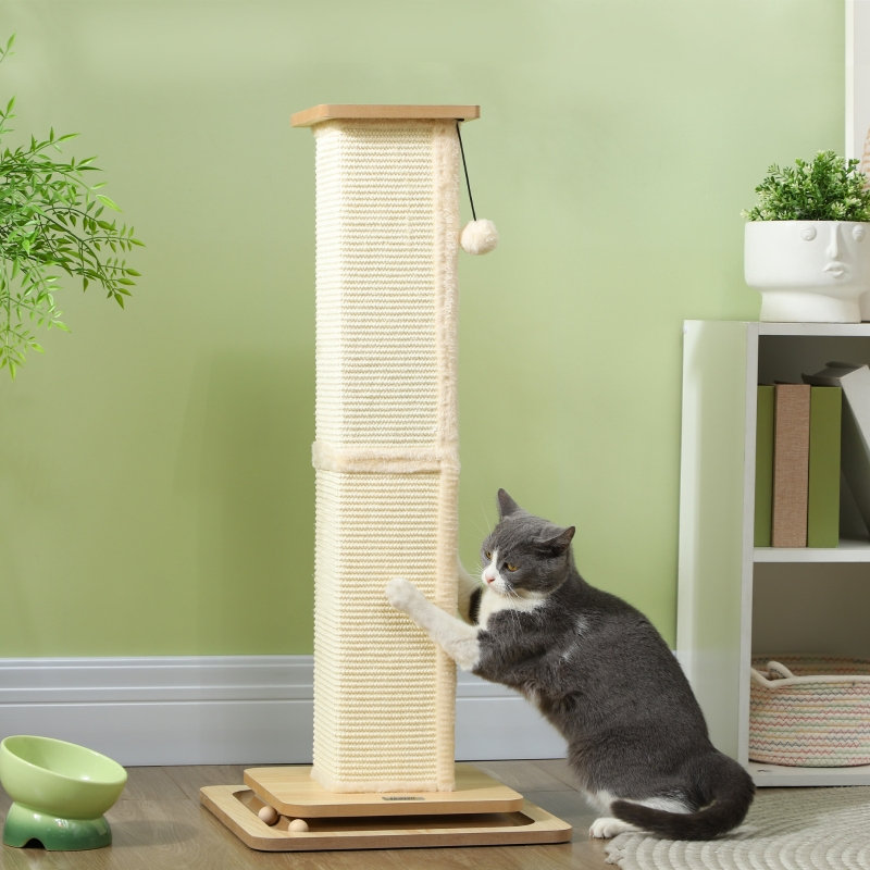 3-in-1 Cat Scratching Post, 67cm Cat Scratcher with Track Ball Toy 34*34*67 cm MDF 1 Piece Cat Scratching Post Oak Hanging Toy Ball