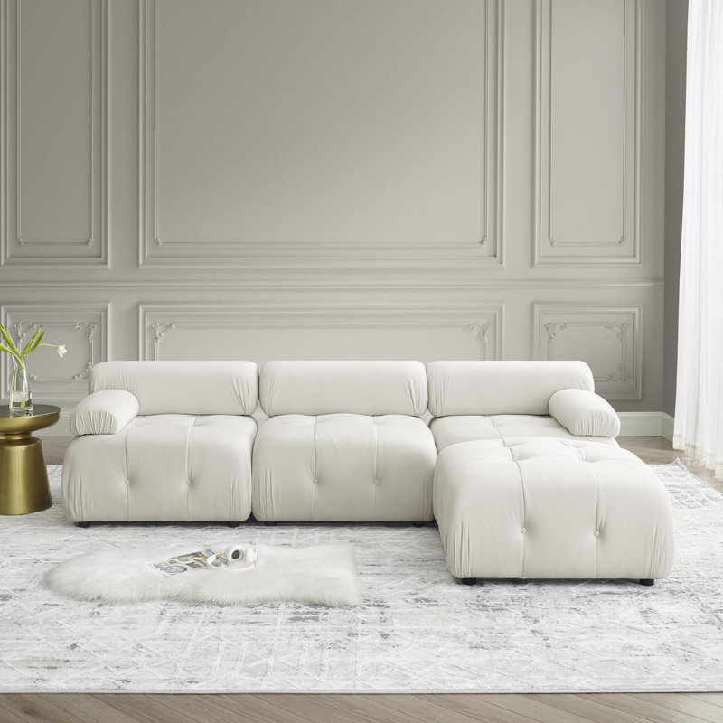 Beige Modular Boucle Sectional Sofa | L-Shaped 4-Seater | Comfy Cloud Couch with Ottoman