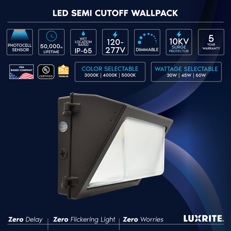 Luminaire à DEL DEL LUXRITE, 30/45 / 60W, 3CCT, 4680/6885 / 9000LM, photocellule Dusk to Dawn, étanche IP65, à intensité variable, homologué UL et DLC Premium