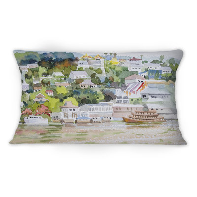 Asian Landscape With Passenger Ship On River -1 Mid-1Century Modern Printed Throw Pillow