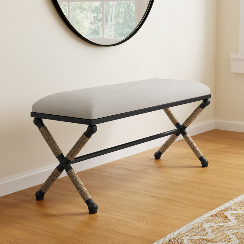 Milana Cotton Upholstered Bench, Oatmeal Basketweave