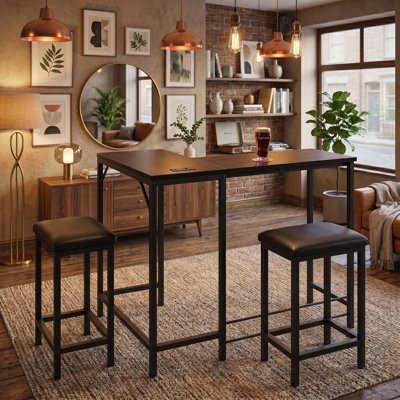 Ensemble de table de bar convertible en forme de L pour 2 à 4 personnes avec prises de courant et ports USB, table de salle à manger à hauteur de comptoir avec 2 tabourets pour petits espaces
