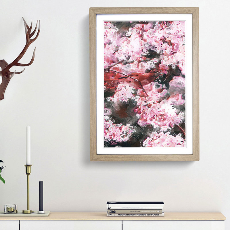 Bird in the Cherry Tree in Abstract - Framed Print, 33cm H x 24cm W x 2cm D, Oak Framed