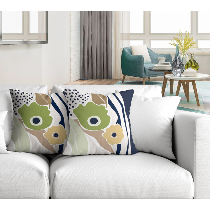 Jeté carré en polyester / mélange de polyester intérieur / extérieur, L 15 po x H 15 po, Chartreuse / bleu marine / beige