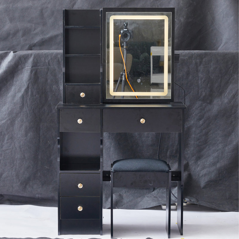 Petit meuble-lavabo de 29,2 po avec tabouret de bureau et tabouret rembourré à gauche 29,5 po, grande commande tactile, interrupteur tricolore, miroir à luminosité réglable, rangement à grande capacité, convient aux petits espaces