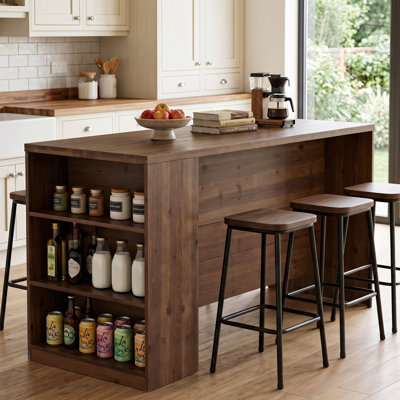 63" Solid Wood Kitchen Island with Storage, Rustic Counter Height Dining Table with Open Shelves & Legroom, Farmhouse Dining Island for Small Spaces