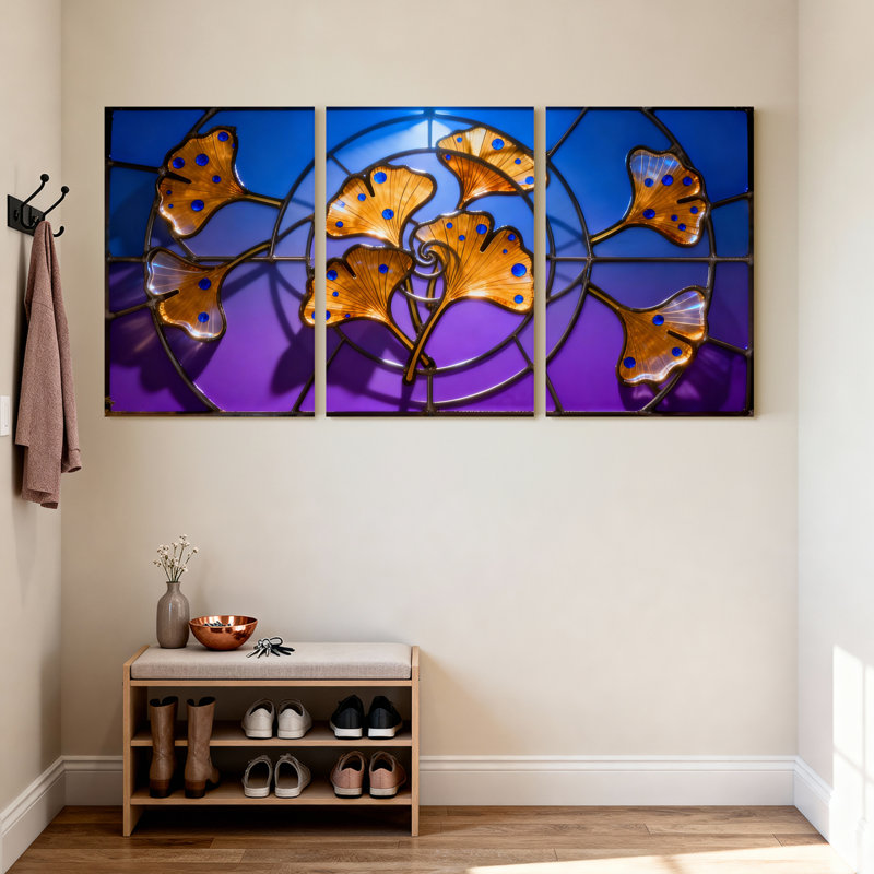 Tableau sur toile à motif de feuilles de ginkgo en vitrail (paquet de 3), H 36 po x l 72 po