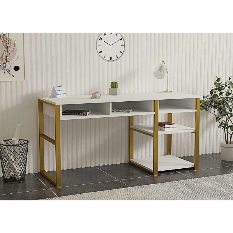 Modern Study Desk with Metal Legs, White & Gold, 59.1 x 29.8 x 22.9 inches | 100% Melamine Coated Particle Board, Thickness: 0.7 inches | Multipurpose Design with Additional Storage, Elegant & Functional for Home Office