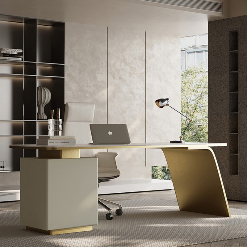 Blanc + beige-blanc + pierre frittée rectangulaire dorée + bois manufacturé + acier inoxydable avec bureau à 3 tiroirs