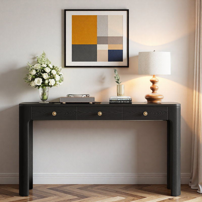 Console avec coins arrondis, 3 tiroirs et pieds épais, Noir