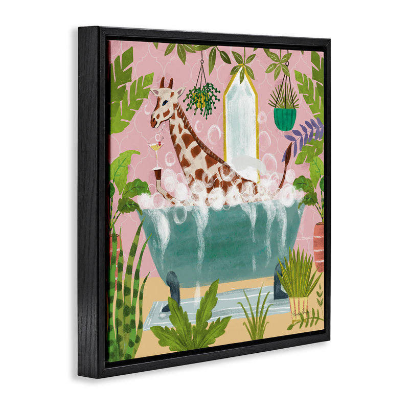 «Girafe Fun Bath Time», toile encadrée flottante noire par Farida Zaman, Cadre flottant noir de jais, H 18 po x l 18 po