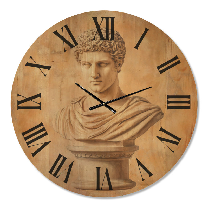Grande horloge murale rétro en bois - Buste romain classique, Surdimensionné