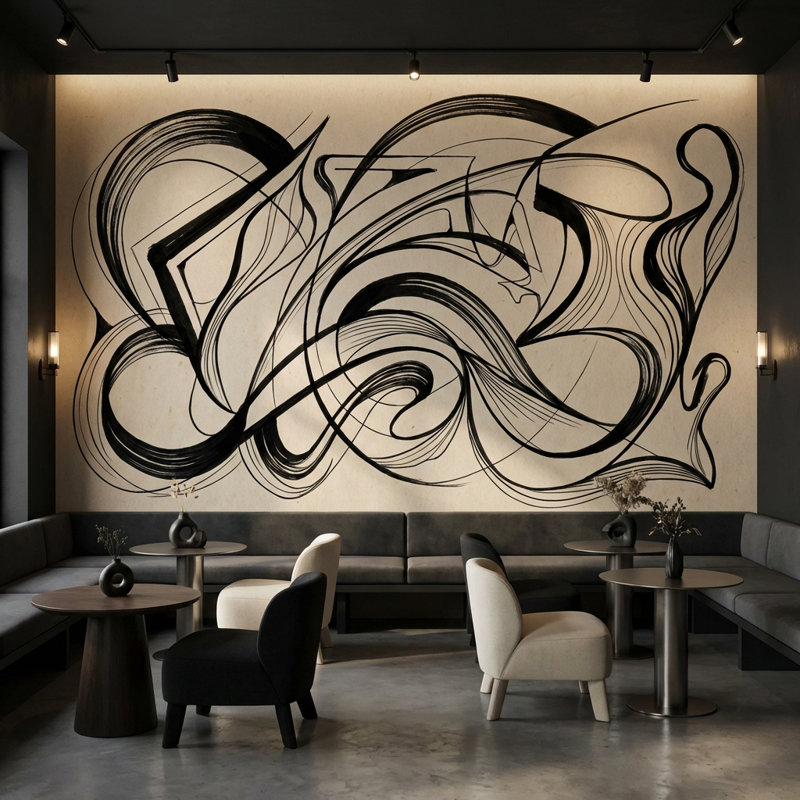 Abstract Wallpaper Black Lines Minimalist Wall Mural, 100"x96", Peel and Stick