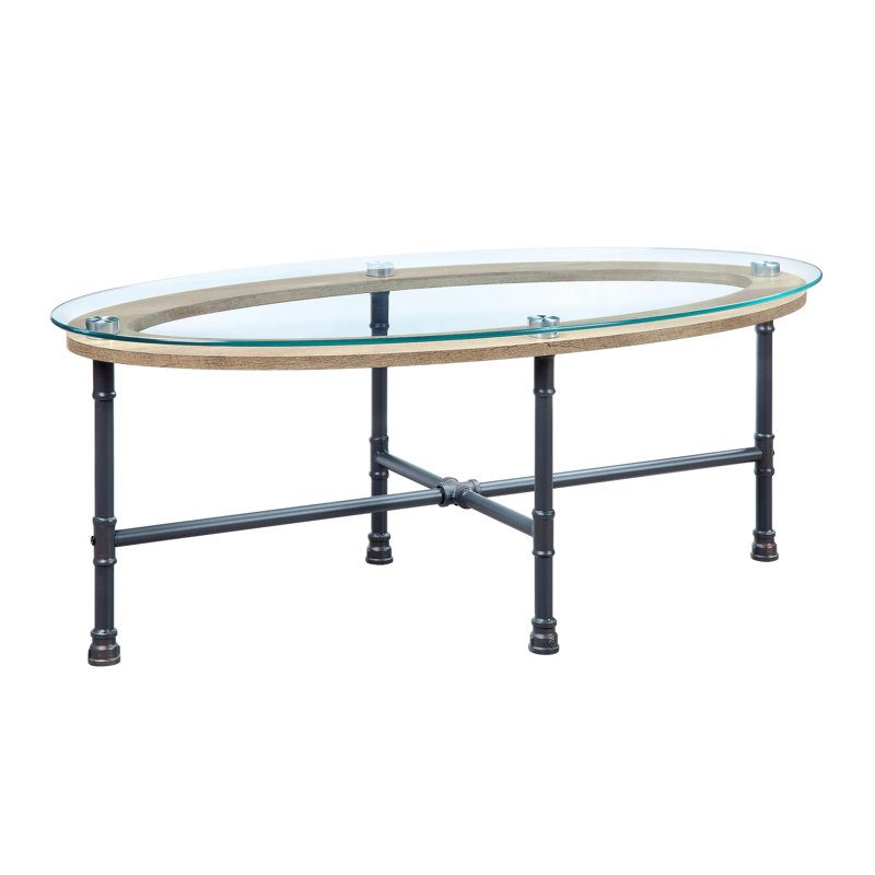 Industrial Oval Glass Top Coffee Table with Metal Frame
