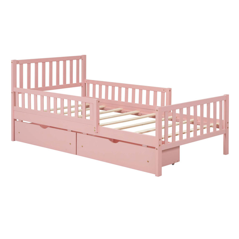 Lit plateforme en bois avec garde-corps et tiroirs de rangement, conception durable et peu encombrante pour les chambres modernes