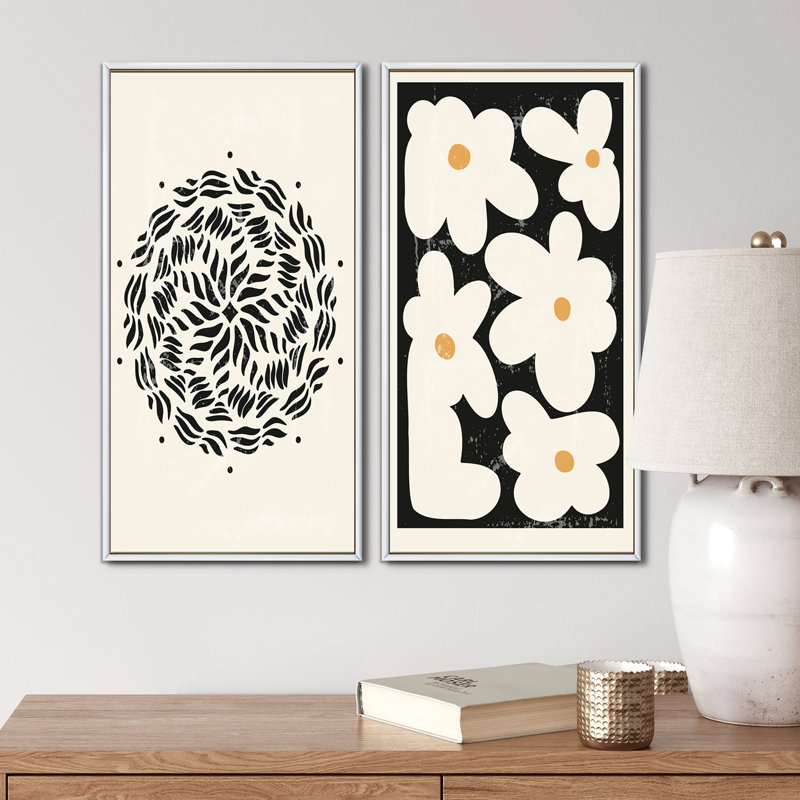 Minimal Retro Flowers I - ensemble de 2 impressions, H 32 po x l 32 po x P 1 po, Toile avec cadre blanc