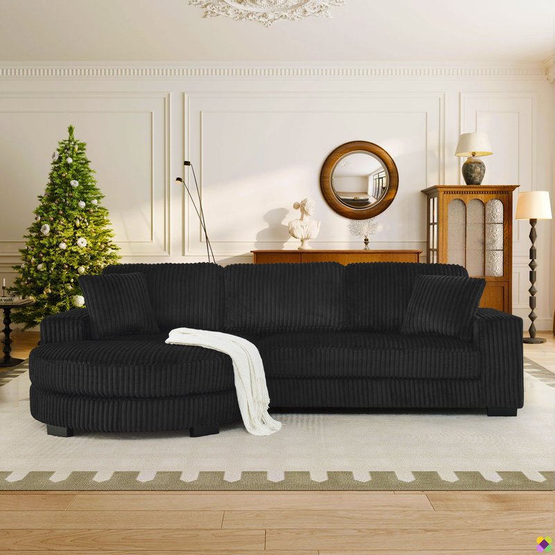 Loette 110.63"W Corduroy LAF RAF Sectional, Black Corduroy
