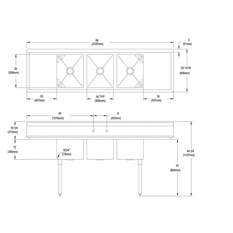 Dependabilt 88" L x 25.81" W Free Standing Service Sink
