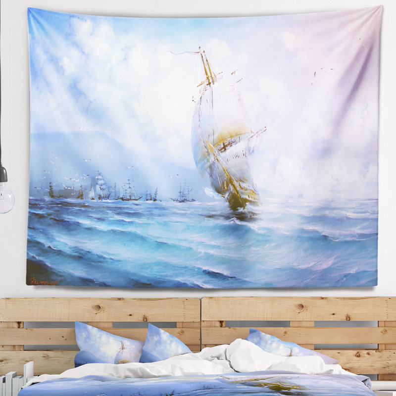 Navire de paysage marin dans la tapisserie de la mer bleue, H 50 po x l 60 po