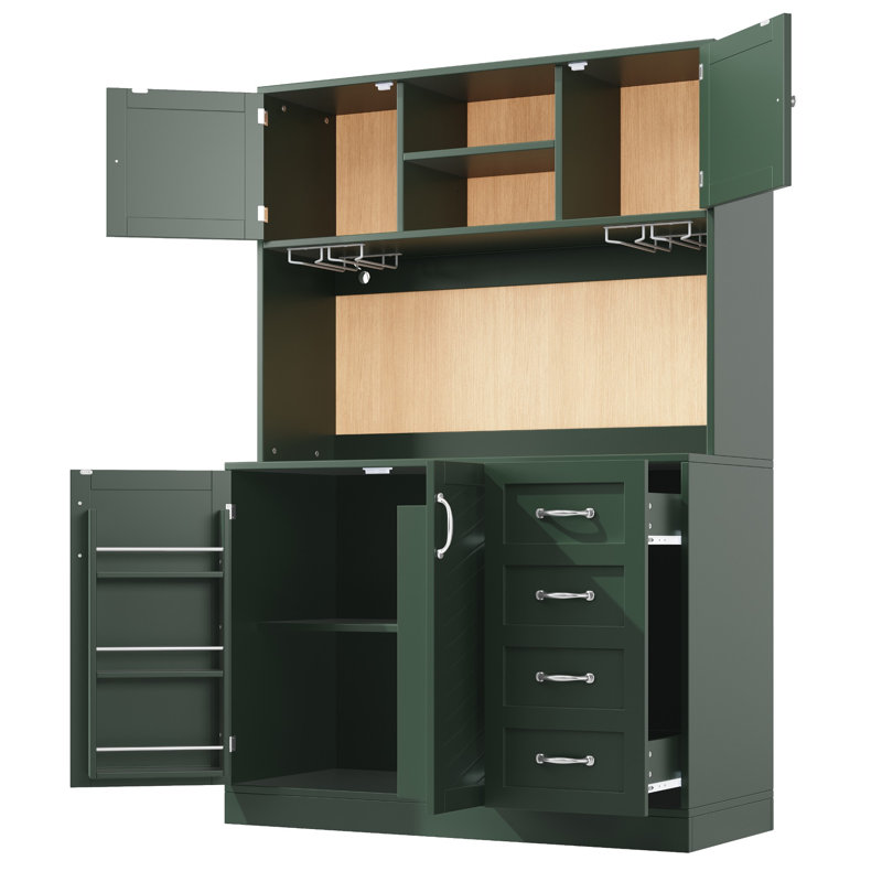 120×40×188cm Minimalist Sideboard with App-Controlled LED, Snack Rack & Drink Holders, 4-Door 2-Drawer Buffet Cabinet in Green / White