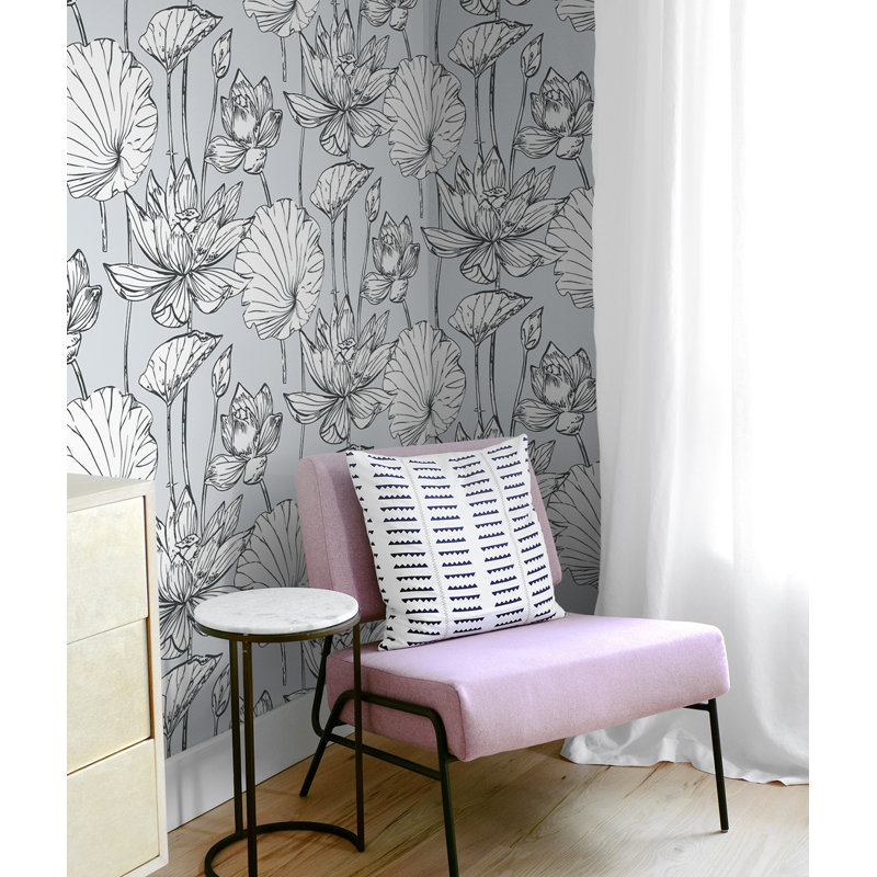Rouleau de papier peint adhésif L 18 pi x l 20,5 po Lotus, Gris
