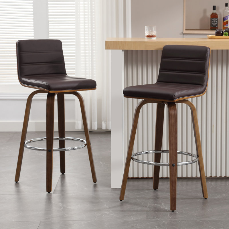 Swivel Upholstered Counter & Bar Stool With Solid Wood Frame and L-Shaped PU Leather Back, Counter Stool (26" Seat Height)