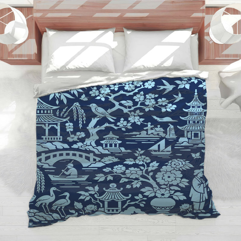 Édredon bleu à motif de paysage asiatique, Queen