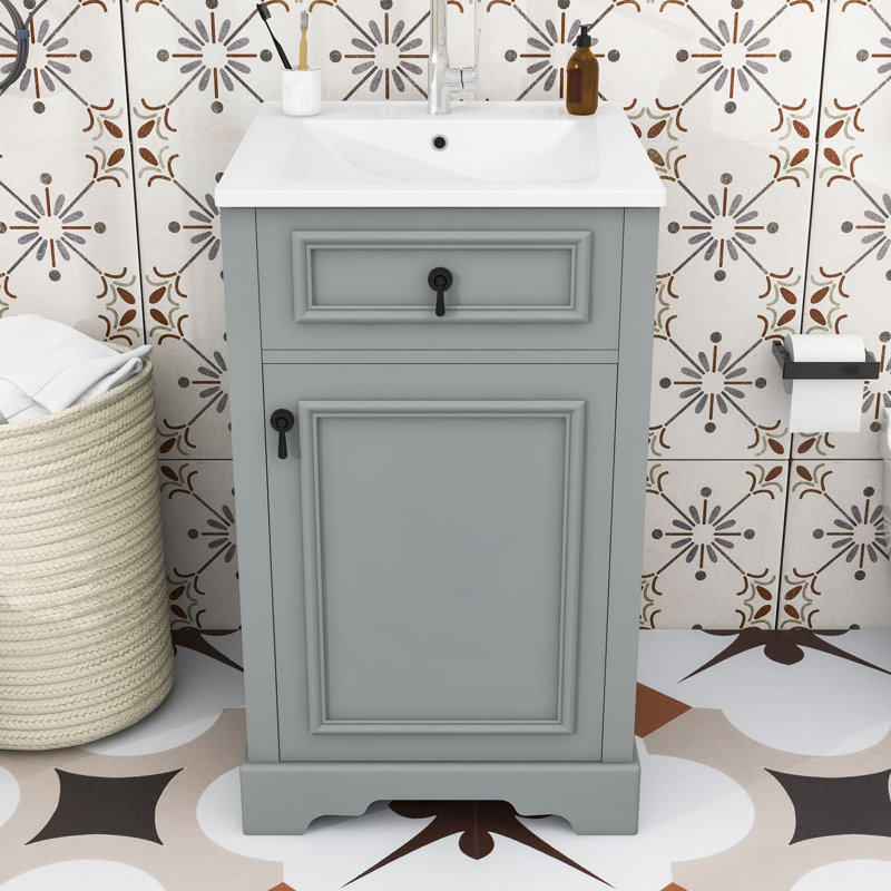 Meuble-lavabo simple contemporain en bois avec porte à fermeture douce, lavabo en céramique et tablette réglable, Gris
