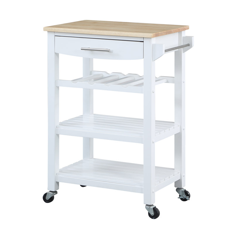 Michelle 4 Tier Butcher Block Kitchen Cart with Drawer and Wine Rack, White
