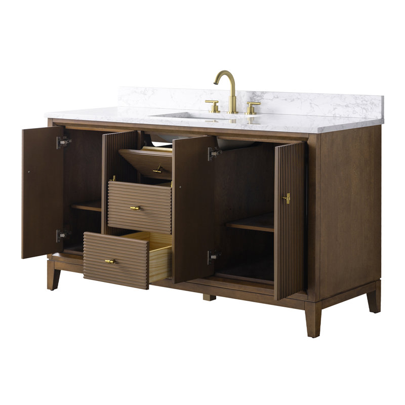 Ensemble de meuble-lavabo autoportant 60 po avec plateau en marbre Caldwell, Blanc Ariston, Chêne naturel, Doré brossé