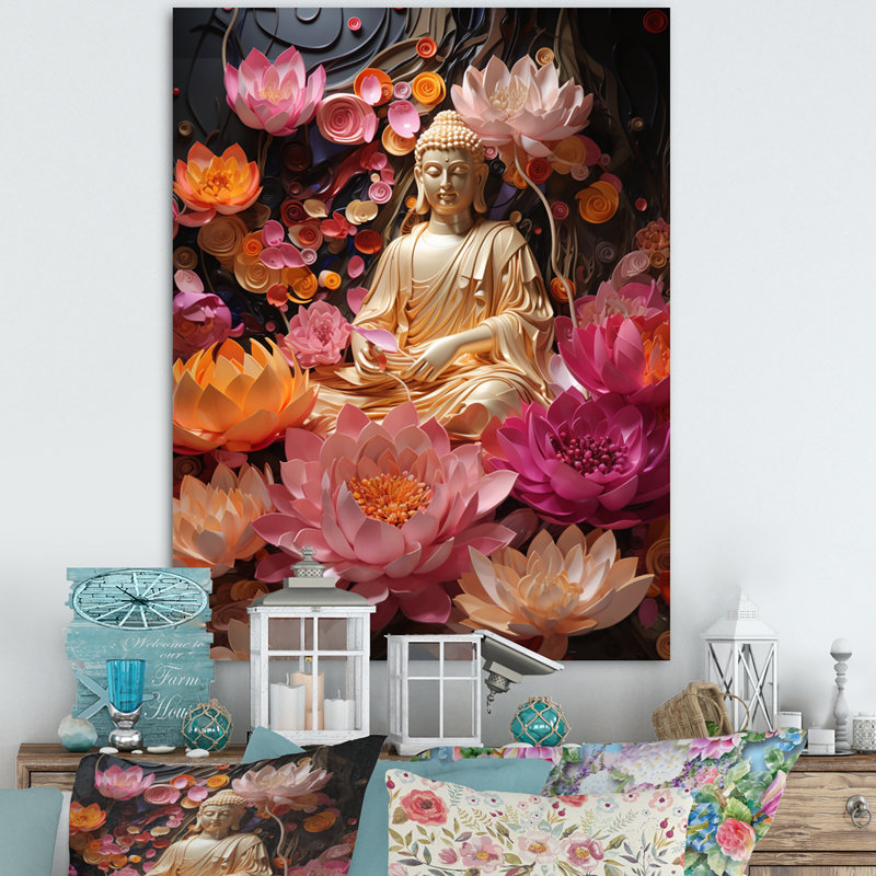 Reproduction d'art sur toile encadrée, "Bouddha rose doré", L 12 po x H 20 po, Toile tendue