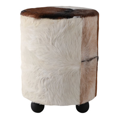 Luxury Ottoman Pouf Footstool with Leather & Wood Ball Feet for Living Room Decor - Hair-On-Hide Seating for Bedroom or House Decor - 20", Brown & Ivory