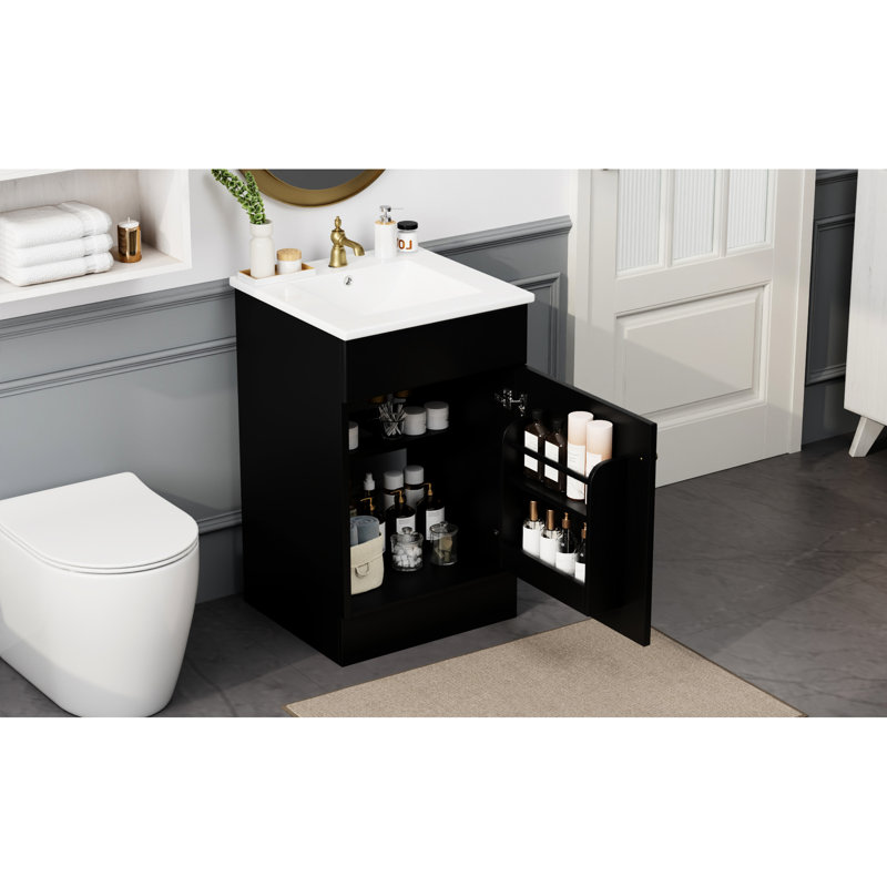 20" Bathroom Vanity With Sink, Black. Cabinet. Ceramic Basin Water- Finish. Door Shelf & Adjustable Shelf. Quiet Black Vanity. Cabinet Sink. And Smooth Surface.