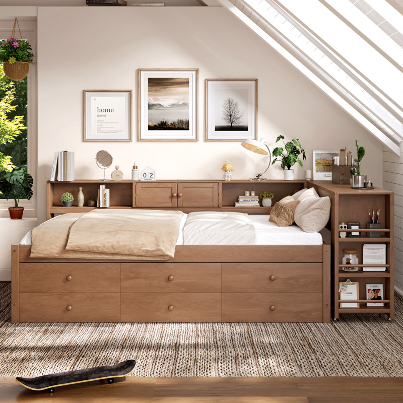 Twin Size L-Shaped Wooden Daybed with Trundle, Storage Drawers, Side Shelves & Built-In Desk,Vintage Brown, Twin, Brown