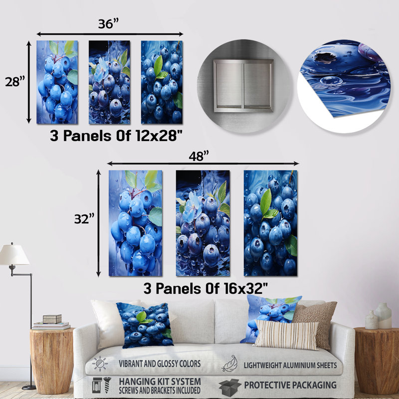 Ensemble de 3 décorations murales en métal Celestial Cyan Blueberry Bliss Fruit, H 32 po x l 48 po