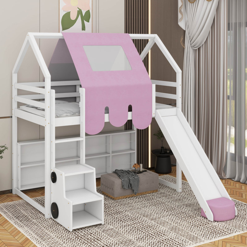 Lit mezzanine simple en bois avec tente, Blanc / Rose