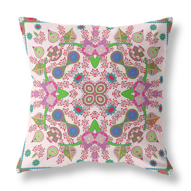 Indoor / Outdoor Paisley Square Cushion, 46cm H x 46cm W, Light Pink/Purple/Green