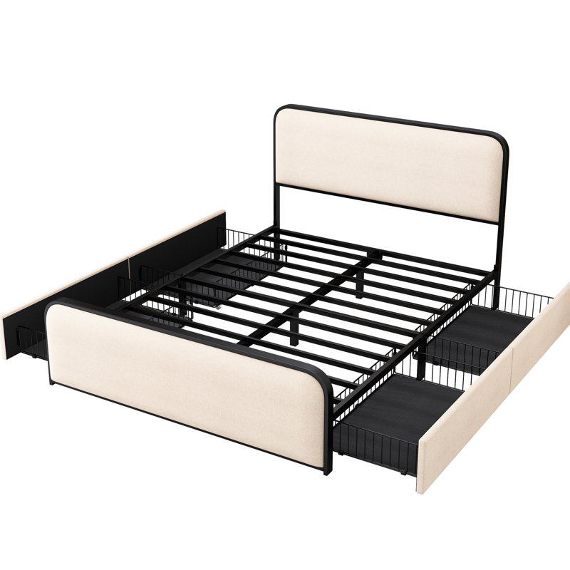 King Size Modern Bed Frame With Curved Upholstered Headboard And , 4 Storage Drawers, Skin - Material, 800 Lbs Weight Capacity Under Capacity, Linen