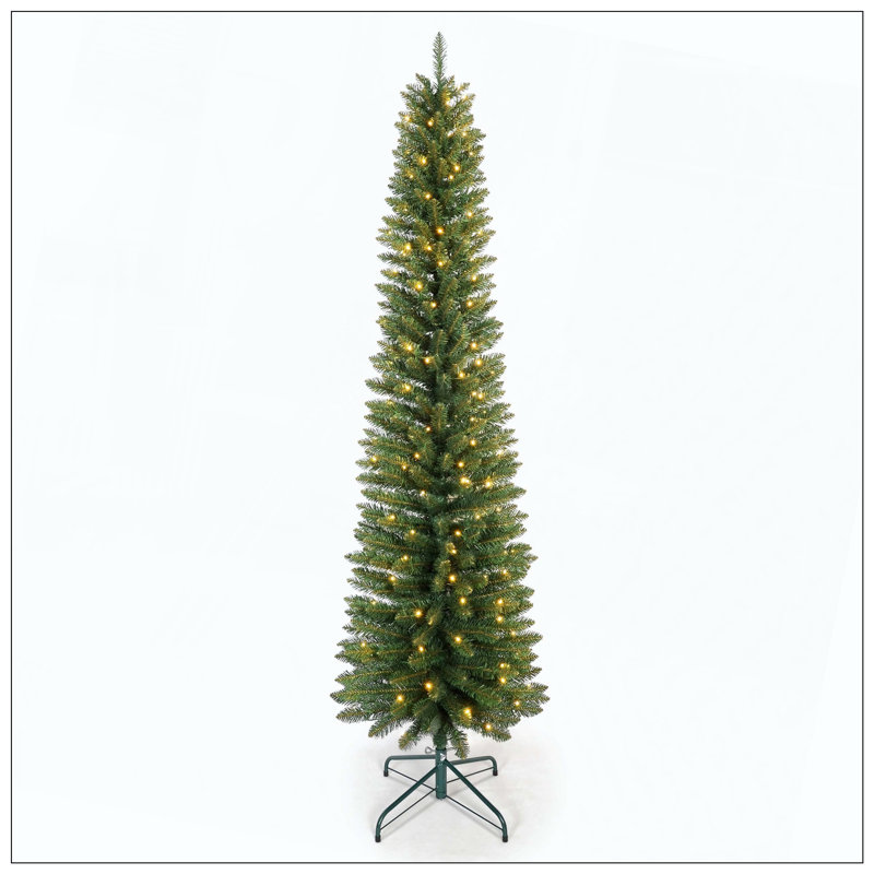 Arbre de Noël crayon avec 150 lumières DEL blanc chaud - Arbre en PVC mince avec 358 pointes, conception compacte, support en métal stable, facile à assembler