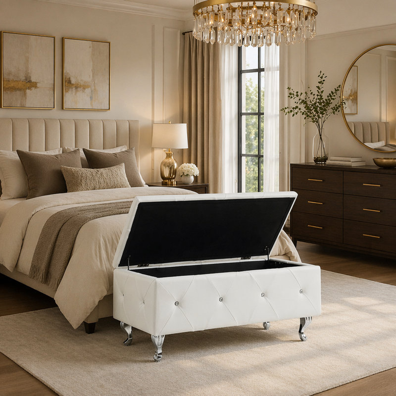 Banc de rangement capitonné en cuir reconstitué blanc avec décor en cristal