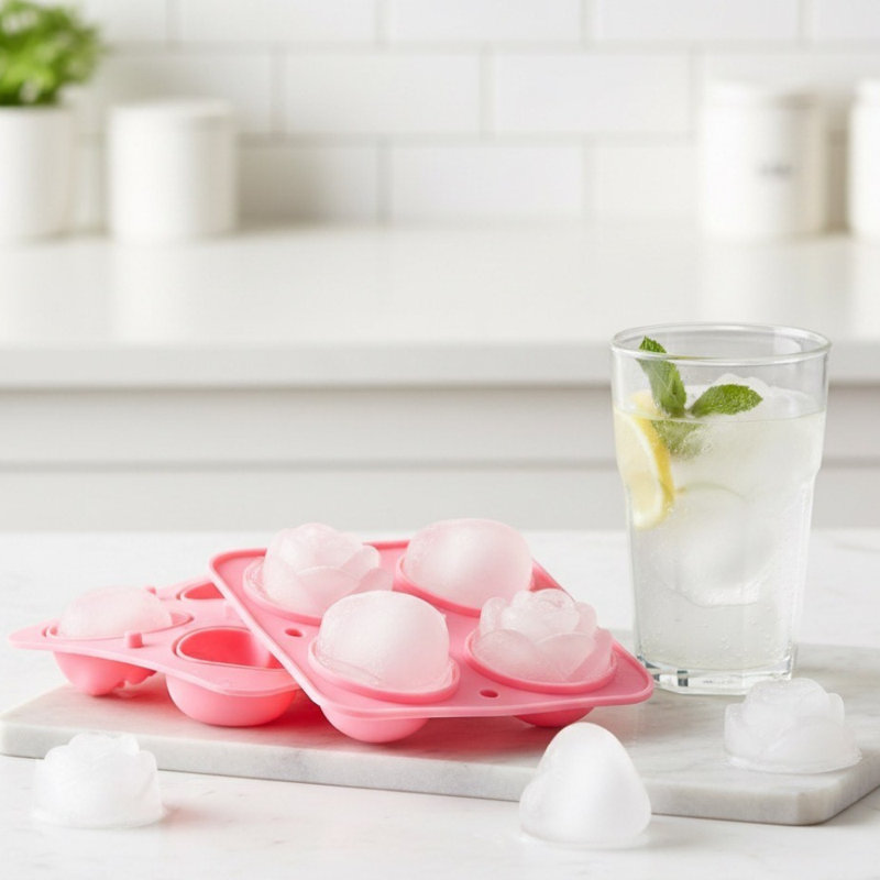 Pink Heart And Rose Ice Tray