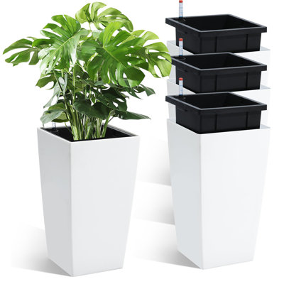 Ensemble de pots à fleurs de 16 po de hauteur, ensemble de 4 pots de fleurs d'intérieur noirs pour l'intérieur, pots de fleurs à porche haut avec trous de drainage, moniteur de niveau d'eau, seau intérieur