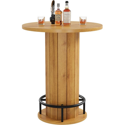 Round Bar Table with Metal Ring Footrest for Home Bar and Kitchen, Wood Bistro Pub Table, Tall Cocktail Table for Small Spaces (Table Only)