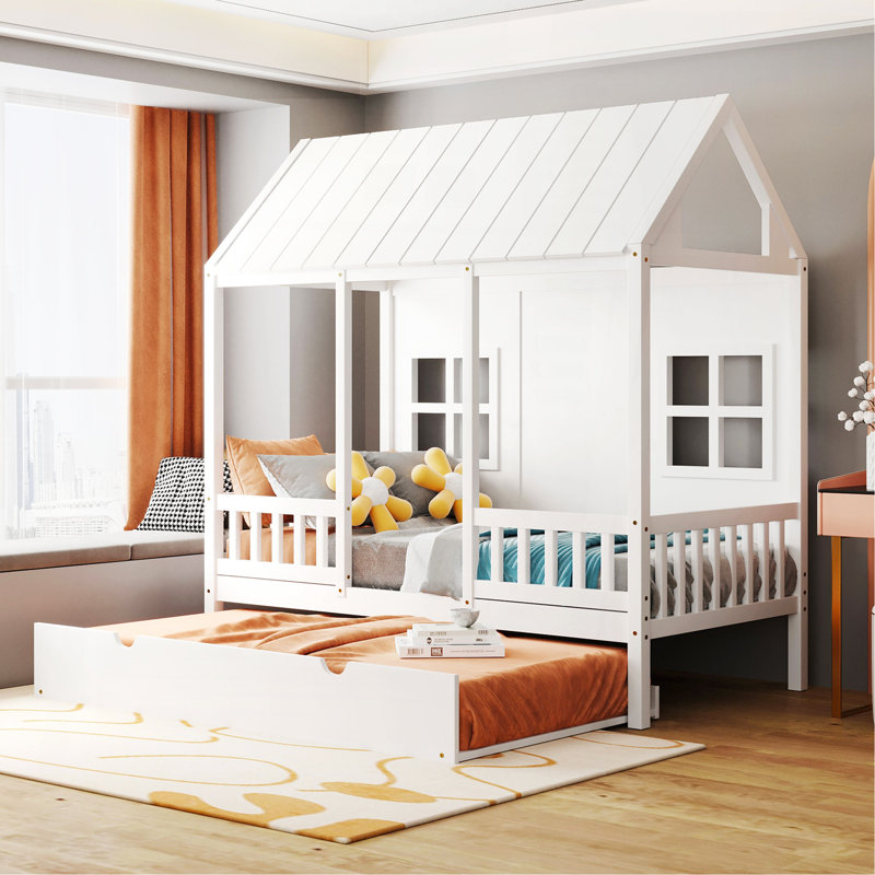 Lit simple en bois avec lit gigogne simple, lit de jour en bois, blanc